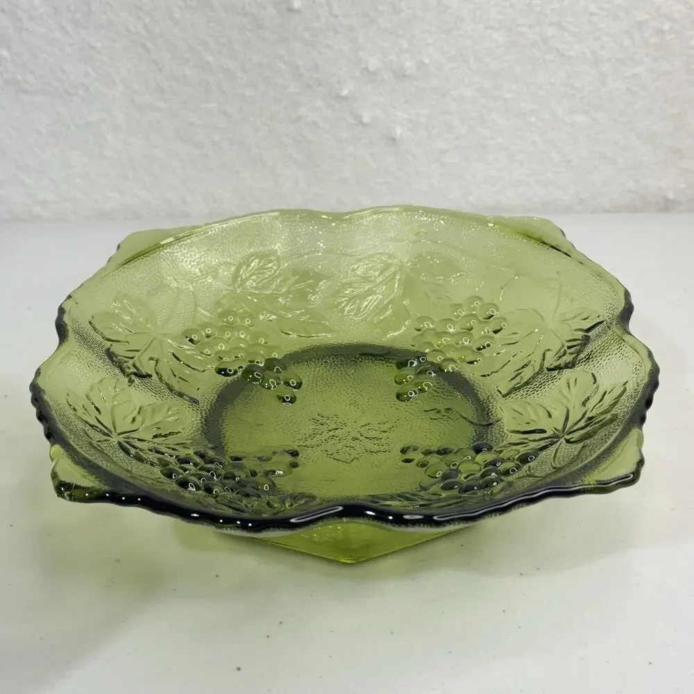 Vintage Anchor Hocking Green Footed Grape And Leaves Serving Bowl Trinket Dish